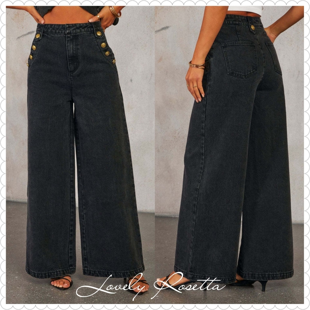 Classic Button Accent High Waist Wide Leg Jeans - Picture 11 of 13